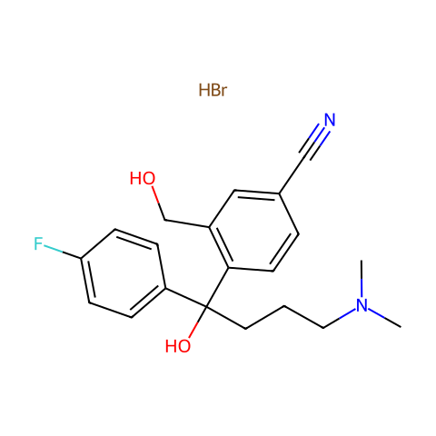 4-[4-(二甲氨基)-1-(4-氟苯基)-1-羟丁基]-3-羟甲基苯腈氢溴酸盐结构图