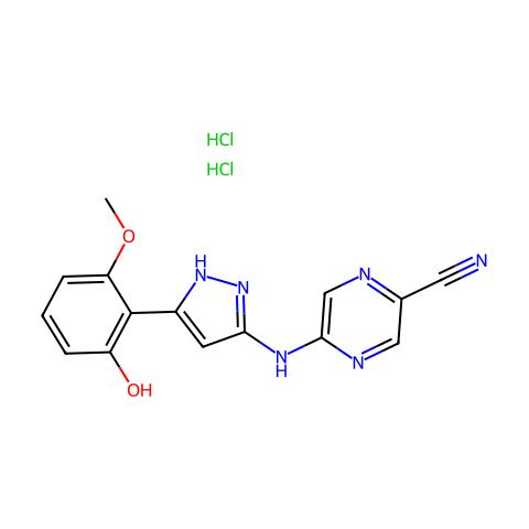 2-Pyrazinecarbonitrile, 5-[[5-(2-hydroxy-6-methoxyphenyl)-1H-pyrazol-3-yl]amino]-, dihydrochloride结构图