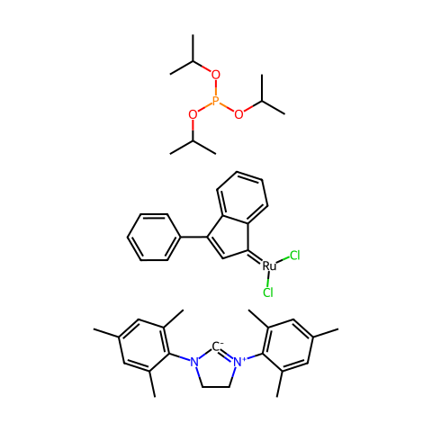 三（异丙氧基）膦（3-苯基-1H-茚-1-基）[1,3-双（2,4,6-三甲基苯基）-4,5-二氢咪唑-2-基]钌（II）二氯化物结构图