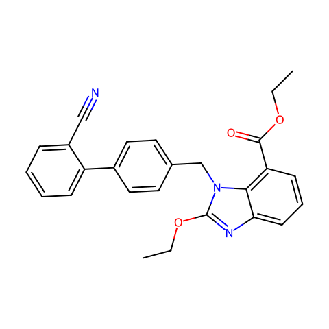 2-乙氧基-1-[[(2'-腈基连苯-4-取代)甲基]苯并咪唑]-7-羧酸乙酯结构图