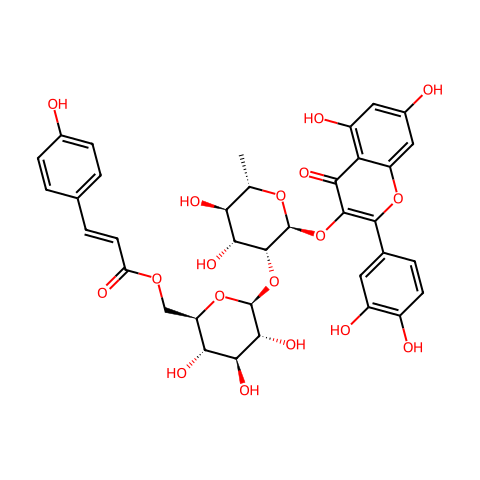 3-O-{2-O-[6-O-(p羟基-反-香豆酰)-葡萄糖基]-鼠李糖基}槲皮素结构图