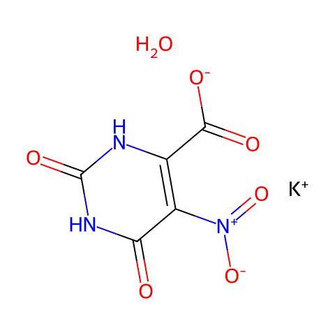 5-硝基-2,6-二氧代-1,2,3,6-四氢嘧啶-4-羧酸钾水合物结构图