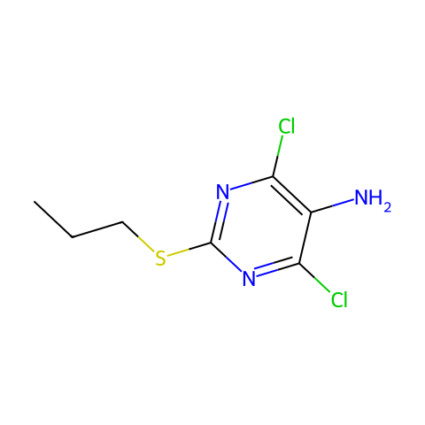 替卡格雷中间体44,6-二氯-2-(丙硫基)-5-氨基嘧啶结构图