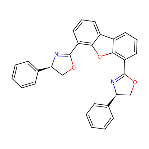 (4R,4'R)-2,2'-(4,6-二苯并呋喃二基)双[4,5-二氢-4-苯基恶唑]结构图