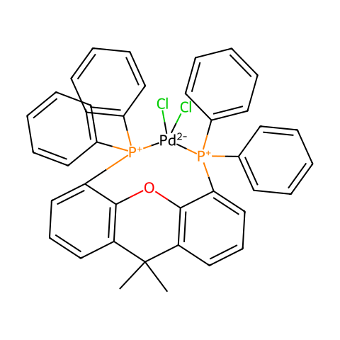 二氯[9,9-二甲基-4,5-双(二苯基膦)氧杂蒽]钯(II)结构图