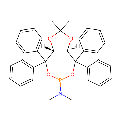 (3aR,8aR)-(-)-(2,2-二甲基-4,4,8,8-四苯基-四氢-[1,3]二噁唑并[4,5-e][1,3,2]二噁磷杂庚英-6-基)二甲基胺结构图
