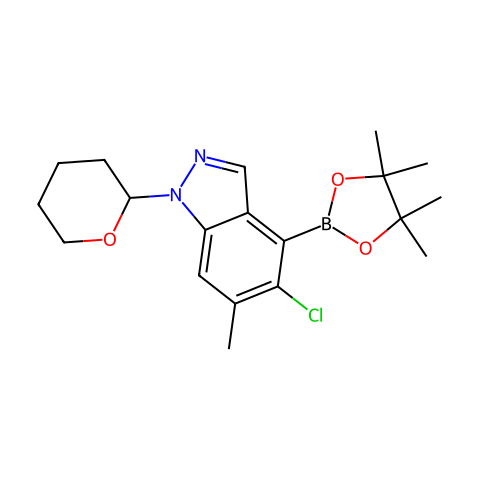 5-chloro-6-methyl-1-tetrahydropyran-2-yl-4-(4,4,5,5-tetramethyl-1,3,2-dioxaborolan-2-yl)indazole结构图