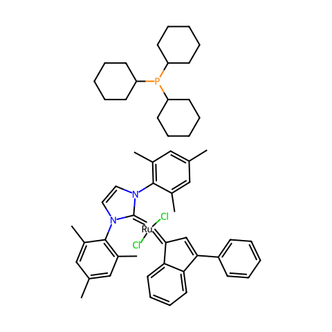 [1,3-二氢-1,3-双(2,4,6-三甲基苯基)-2H-咪唑-2-亚基](3-苯基-1H-茚-1-亚基)(三环己基膦)二氯化钌结构图