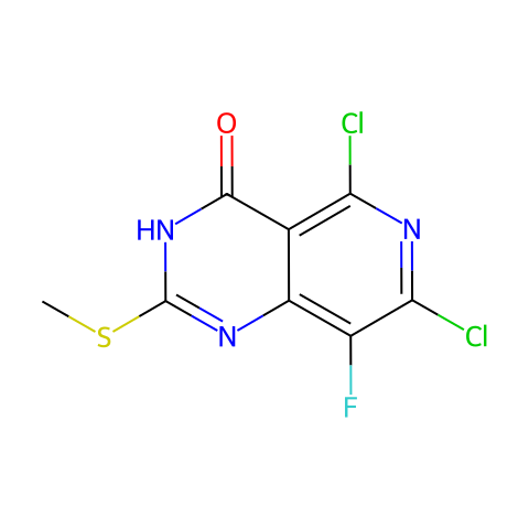 5,7-二氯-8-氟-2-(甲硫基)吡啶并[4,3-d]嘧啶-4(3H)-酮结构图