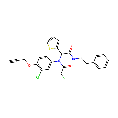 2-氯-N-(3-氯-4-(丙-2-炔-1-基氧基)苯基)-N-(2-氧代-2-(苯乙基氨基)-1-(噻吩-2-基)乙基)乙酰胺结构图