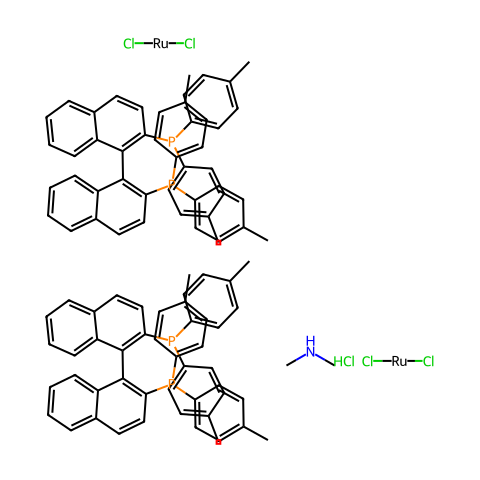 二甲铵二氯三(μ-氯)双[(S)-(-)-2,2′-双(二-对甲苯基膦)-1,1′-联萘基]二钌酸盐(II)结构图