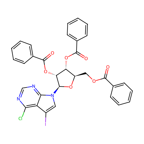 7H-Pyrrolo[2,3-d]pyrimidine, 4-chloro-5-iodo-7-(2,3,5-tri-O-benzoyl-β-D-ribofuranosyl)-结构图