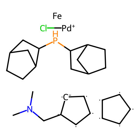 氯化(二-2-降冰片聚膦)(2-二甲基氨甲基二茂铁-1-基)钯(Ⅱ)结构图
