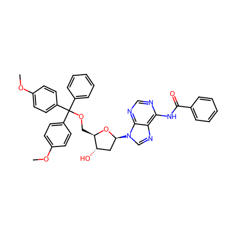 N6-苯甲酰基-5′-O-(4,4′-二甲氧基三苯基)-2′-脱氧腺苷结构图