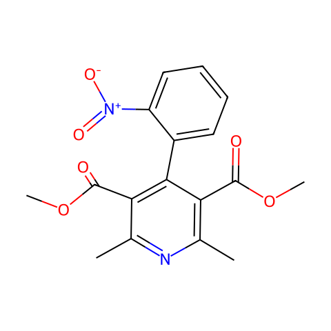 4 - （2硝基苯基）-2,6 -二甲基吡啶-3,5二羧酸二甲酯结构图