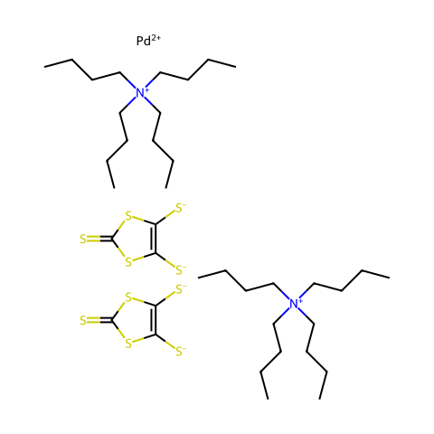 双(四正丁基铵)合双(1,3-二硫杂环戊烯-2-硫酮-4,5-二硫醇)钯(II)结构图