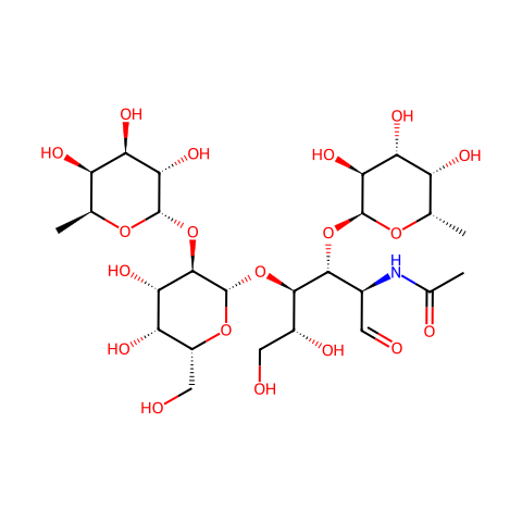 2-乙酰氨基--2-脱氧-3-O-(ALPHA-L-吡喃葡萄糖)-4-O-[2-O-(A-L-吡喃葡萄糖-)-BETA-D-半乳糖吡喃]-D-谷氨酸结构图