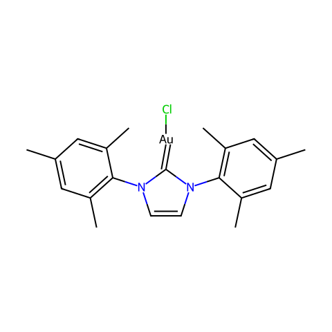 氯[1,3-双（2,4,6-三甲基苯基）2H-咪唑-2-亚甲基]金（I）结构图