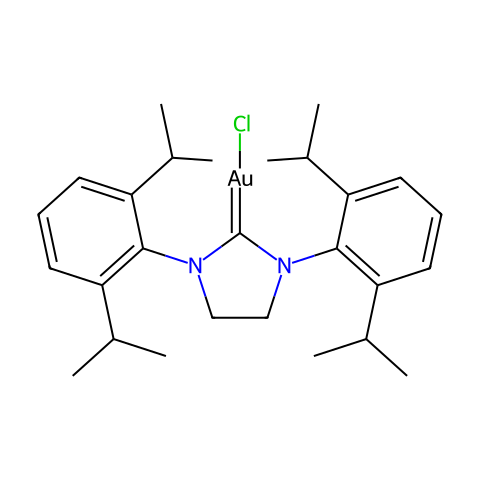 氯{1,3-双[2,6-二异丙基苯基]-4,5-二氢咪唑-2-亚基}金（I）结构图