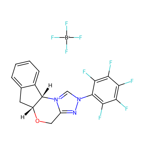 (5aR,10bS)-(+)-5a,10b-二氢-2-(五氟苯基)-4H,6H-茚并[2,1-b][1,2,4]三唑[4,3-d][1,4]恶嗪四氟硼酸盐结构图
