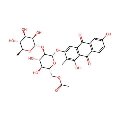 1,3,6-三羟基-2-甲基蒽醌-3-O-α-鼠李糖-（1→2）-β-D-（6’-O-乙酰基）-葡萄糖苷结构图