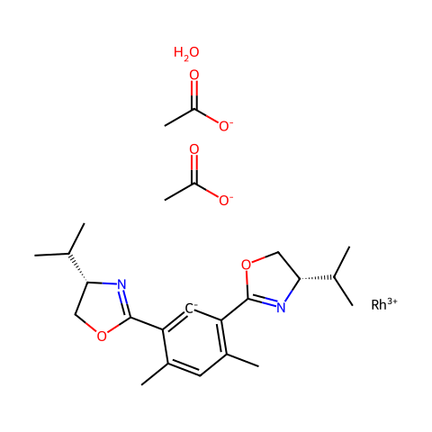 二(醋酸)合水[(S,S)-4,6-二(4-异丙基-2-恶唑啉-2-基)-间二甲苯]铑结构图